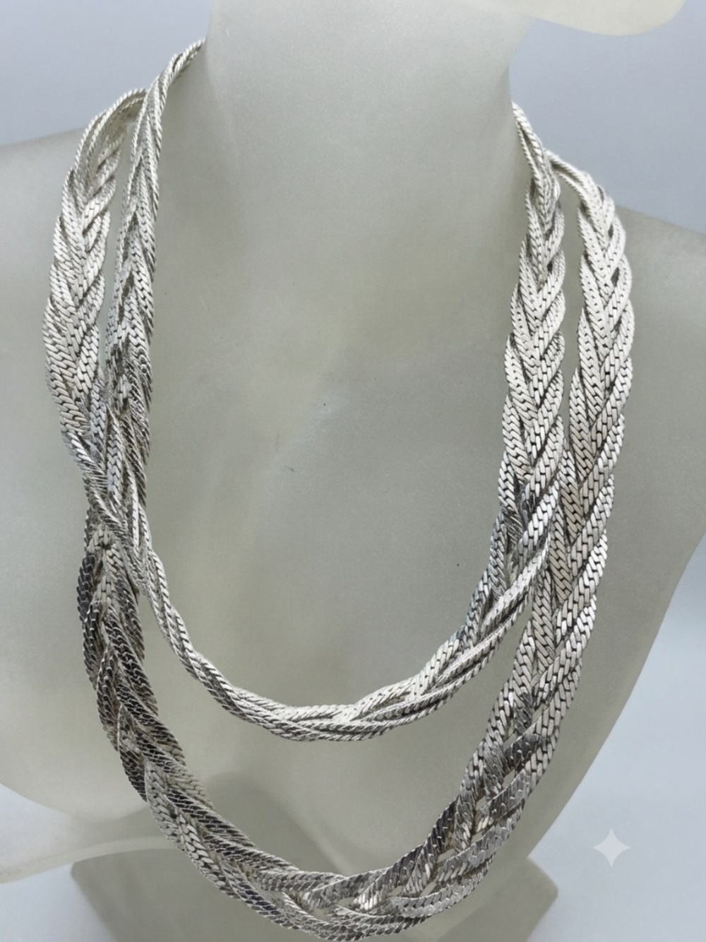 necklace Vintage Multi-Strand Braided Herringbone Chain silver plate